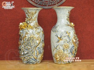 Đôi lộc bình men rạn đắp nổi Công Đào kênh boong - vẽ vàng 24k, Cao 38cm