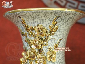 Đôi lộc bình men rạn đắp nổi Công Đào kênh boong - vẽ vàng 24k, Cao 38cm