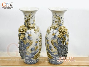 Đôi lộc bình men rạn đắp nổi Công Đào kênh, cao 60cm