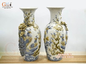 Đôi lộc bình men rạn đắp nổi Công Đào kênh, cao 60cm