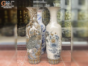 Đôi lộc bình men rạn đắp nổi Công Đào Tài Lộc, cao 1m65