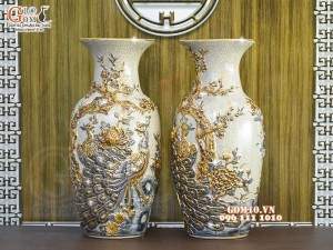 Đôi lộc bình men rạn đắp nổi Công Đào vẽ vàng 24k, cao 50cm