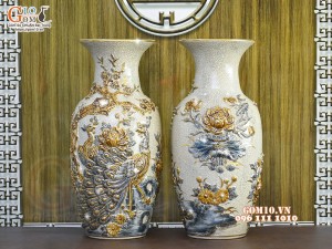 Đôi lộc bình men rạn đắp nổi Công Đào vẽ vàng 24k, cao 50cm