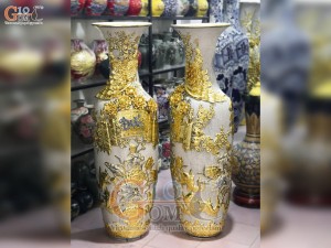 Đôi lộc bình men rạn đắp nổi Đức Phúc dát Vàng 24k, cao 1m4