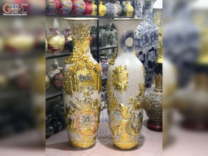 Đôi lộc bình men rạn đắp nổi Đức Phúc dát Vàng 24k, cao 1m4