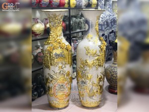 Đôi lộc bình men rạn đắp nổi Đức Phúc dát Vàng 24k, cao 1m4