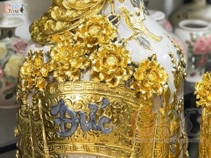 Đôi lộc bình men rạn đắp nổi Đức Phúc dát Vàng 24k, cao 1m4