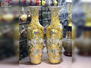 Đôi lộc bình men rạn đắp nổi Đức Phúc dát Vàng 24k, cao 1m4