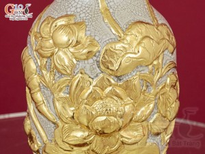 Đôi lộc bình men rạn đắp nổi hoa Sen dát vàng 24k, cao 50cm