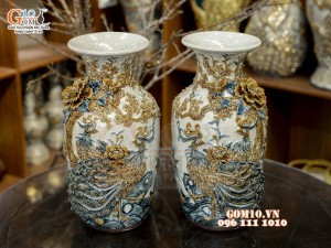 Đôi lộc bình men rạn đắp nổi Phú Quý Trường Thọ kênh, cao 40cm