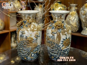 Đôi lộc bình men rạn đắp nổi Phú Quý Trường Thọ kênh, cao 40cm