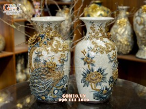 Đôi lộc bình men rạn đắp nổi Phú Quý Trường Thọ kênh, cao 40cm