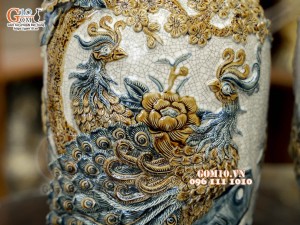 Đôi lộc bình men rạn đắp nổi Phú Quý Trường Thọ kênh, cao 40cm