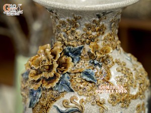 Đôi lộc bình men rạn đắp nổi Phú Quý Trường Thọ kênh, cao 40cm