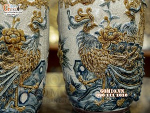 Đôi lộc bình men rạn đắp nổi Phú Quý Trường Thọ kênh, cao 40cm