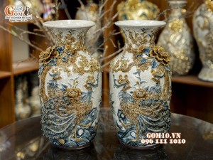 Đôi lộc bình men rạn đắp nổi Phú Quý Trường Thọ kênh, cao 50cm