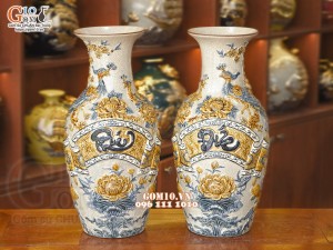 Đôi lộc bình men rạn đắp nổi Phúc Đức, 56cm