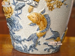 Đôi lộc bình men rạn đắp nổi Phúc Đức, 56cm