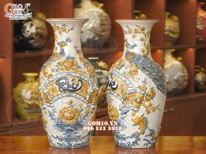 Đôi lộc bình men rạn đắp nổi Phúc Đức, 56cm