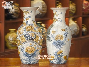 Đôi lộc bình men rạn đắp nổi Phúc Đức, 56cm