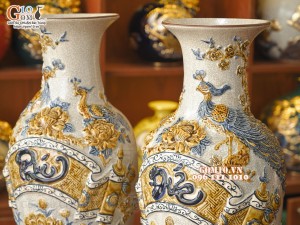 Đôi lộc bình men rạn đắp nổi Phúc Đức, 56cm