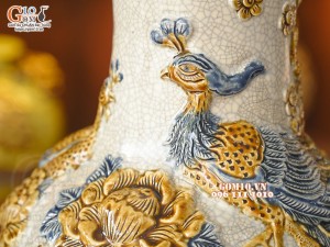 Đôi lộc bình men rạn đắp nổi Phúc Đức, 56cm