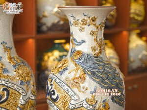 Đôi lộc bình men rạn đắp nổi Phúc Đức, 56cm