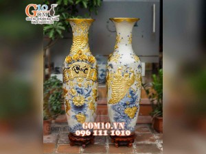 Đôi lộc bình men rạn đắp nổi Phúc Đức Dát vàng, cao 1m4