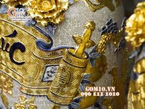 Đôi lộc bình men rạn đắp nổi Phúc Đức Dát vàng, cao 1m4