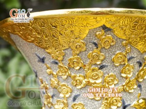 Đôi lộc bình men rạn đắp nổi Phúc Đức Dát vàng, cao 1m4