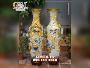 Đôi lộc bình men rạn đắp nổi Phúc Đức Dát vàng, cao 1m4