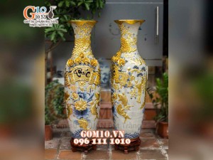Đôi lộc bình men rạn đắp nổi Phúc Đức Dát vàng, cao 1m4