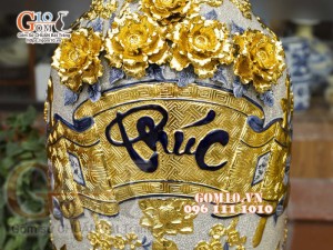 Đôi lộc bình men rạn đắp nổi Phúc Đức Dát vàng, cao 1m4