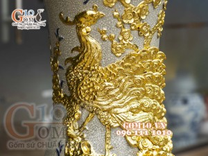 Đôi lộc bình men rạn đắp nổi Phúc Đức Dát vàng, cao 1m4