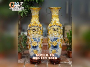 Đôi lộc bình men rạn đắp nổi Phúc Đức Dát vàng, cao 1m4
