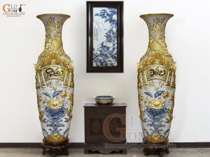Đôi lộc bình men rạn đắp nổi Phúc Đức kênh Dát Vàng, cao 1m60