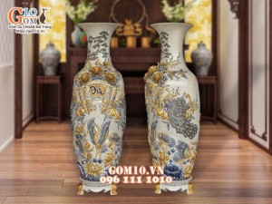 Đôi lộc bình men rạn đắp nổi Phúc Đức Sen Hạc, cao 1m1