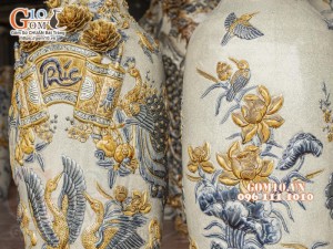 Đôi lộc bình men rạn đắp nổi Phúc Đức Sen Hạc, cao 1m1