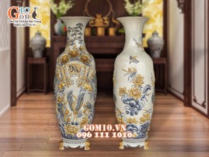 Đôi lộc bình men rạn đắp nổi Phúc Đức Sen Hạc, cao 1m1