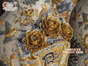 Đôi lộc bình men rạn đắp nổi Phúc Đức Sen Hạc, cao 1m1