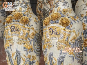 Đôi lộc bình men rạn đắp nổi Phúc Đức Sen Hạc, cao 1m1