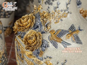 Đôi lộc bình men rạn đắp nổi Phúc Đức Sen Hạc, cao 1m1