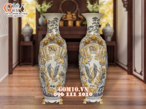 Đôi lộc bình men rạn đắp nổi Phúc Đức Sen Hạc, cao 1m1