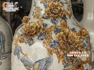 Đôi lộc bình men rạn đắp nổi Phúc Đức Sen Hạc, cao 1m4