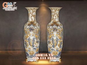 Đôi lộc bình men rạn đắp nổi Phúc Đức Sen Hạc, cao 1m4