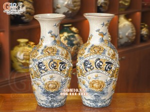 Đôi lộc bình men rạn đắp nổi Phúc Lộc Thọ, 56cm