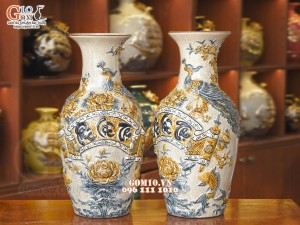 Đôi lộc bình men rạn đắp nổi Phúc Lộc Thọ, 56cm