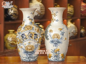 Đôi lộc bình men rạn đắp nổi Phúc Lộc Thọ, 56cm