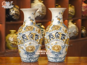 Đôi lộc bình men rạn đắp nổi Phúc Lộc Thọ, 56cm