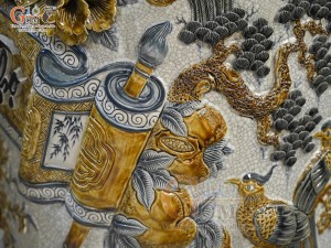 Đôi lộc bình men rạn đắp nổi Phúc Lộc Thọ Công kênh, cao 1m55